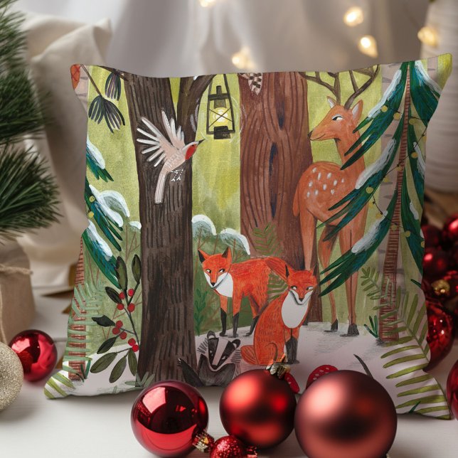 Almofada Animais fofos da floresta Natal verde (Cute Woodland animals Green Christmas Throw Pillow)