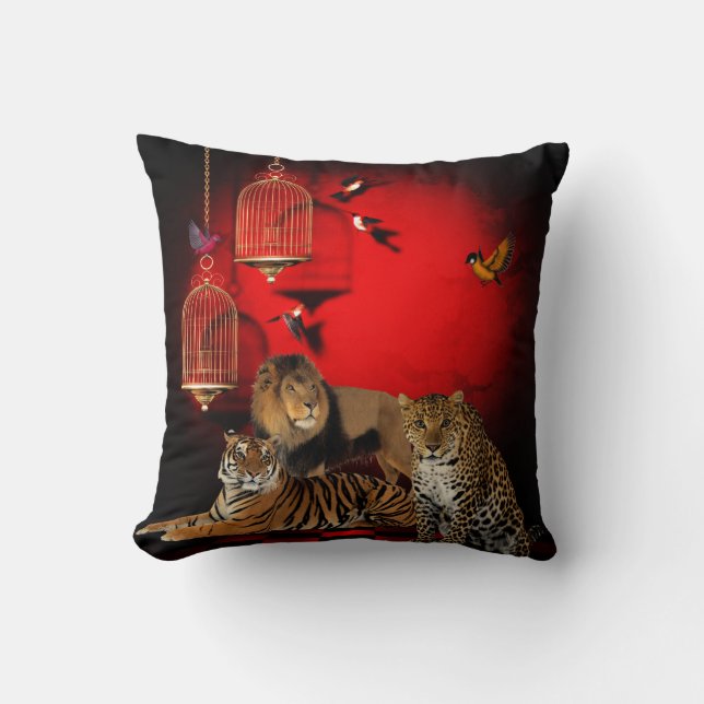 Almofada Animais Tigre Leopardo Leão Pássaros Impressão Ver (Frente)