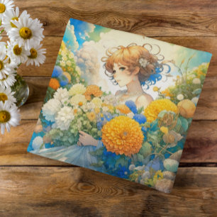 Almofada Anime Girl in Yellow and Blue Flowers