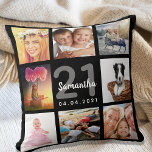 Almofada aniversário de 21 anos personalizada colagem de fo<br><div class="desc">Um presente único para uma jovem aniversário de 21 anos, celebrando sua vida com uma colagem de 8 fotos, fotos. Personalize e adicione seu nome, 21 anos e uma data. Um fundo preto chic. Cinzas e letras brancas e números. O nome é escrito com um moderno estilo escrito à mão....</div>