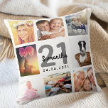 Almofada aniversário de 21 anos personalizada colagem de fo<br><div class="desc">Um presente único para uma jovem aniversário de 21 anos, celebrando sua vida com uma colagem de 8 fotos, fotos. Personalize e adicione seu nome, 21 anos e uma data. Um fundo branco chic. Cinzas e letras e números negros. O nome é escrito com um moderno estilo escrito à mão....</div>