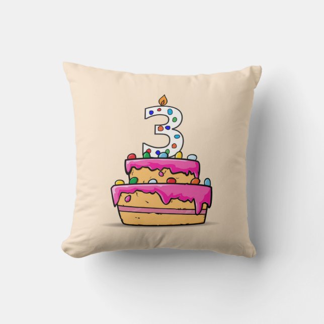 Almofada Aniversário de 3 anos, 3 no Bolo Rosa Doce (Frente)