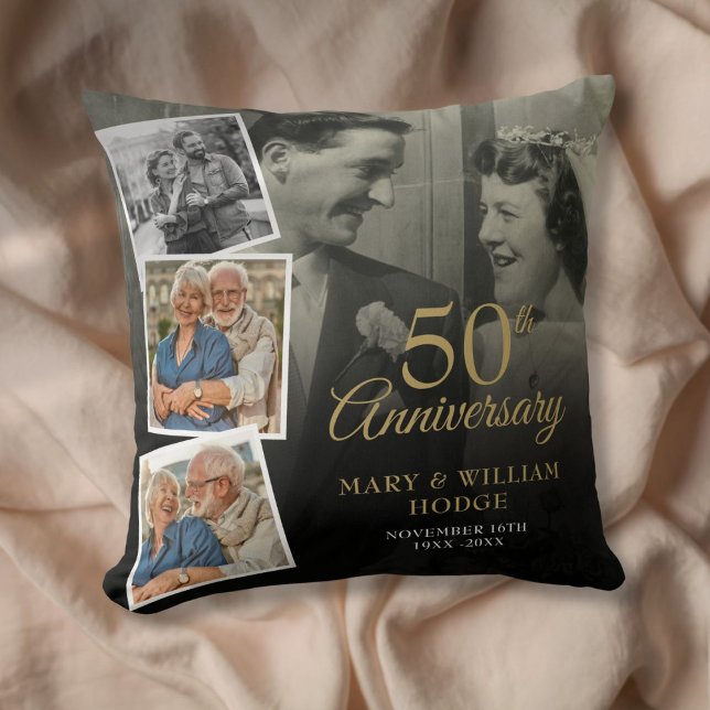 Almofada Aniversário de 50 anos de Casamento 5 Colagem de F (50th Wedding Anniversary 5 Photo Collage Throw Pillow)