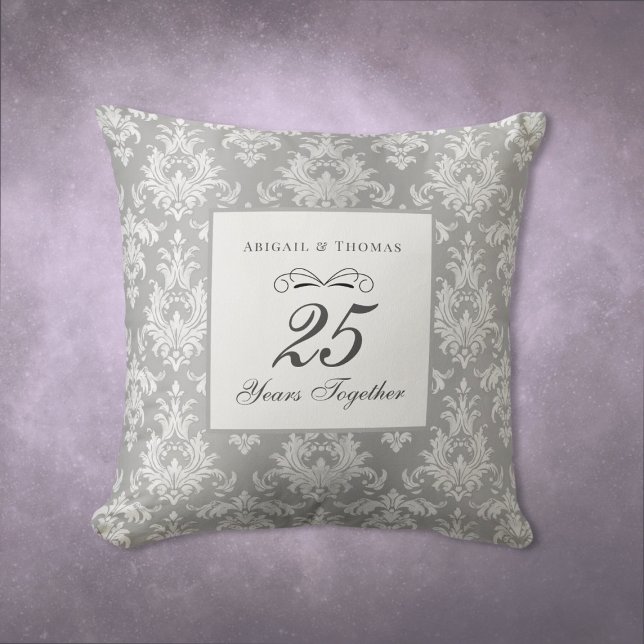 Almofada Aniversário de Casamento 25 Silver Damask (25th Wedding Anniversary Silver Damask Gift Throw Pillow)