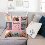 Almofada Aniversário de colagem de fotografias personalizad<br><div class="desc">Um presente único para um aniversário de 21 anos,  celebrando sua vida com uma colagem de 8 fotos,  fotos. Personalize e adicione seu nome,  idade e data. Uma cor de fundo rosa suave,  texto cinza. O nome é escrito com um moderno estilo escrito à mão.</div>