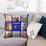 Almofada Aniversário de colagem de fotos personalizada azul<br><div class="desc">Um presente único para um aniversário de 21 anos,  celebrando sua vida com uma colagem de 8 fotos,  fotos. Personalize e adicione seu nome,  idade e data. Um fundo azul marinho,  texto branco. O nome é escrito com um moderno estilo escrito à mão.</div>