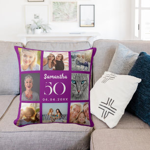 Almofada Aniversário de colagem de fotos personalizada roxo