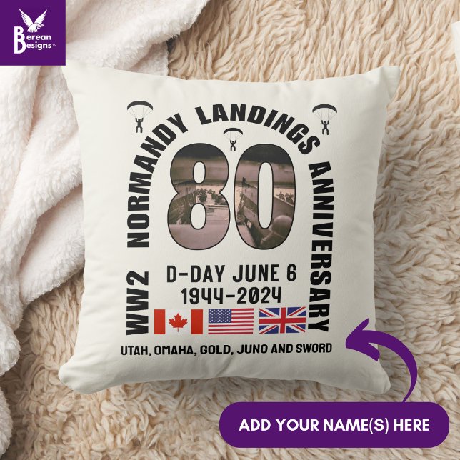 Almofada Aniversário do 80 WW2 dos DESEMBARQUES NORMANDY NO (Souvenir throw pillow for 80th anniversary of D-Day landings. Customizable. Ideal gift for veterans )