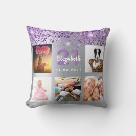 Almofada Aniversário do nome da colagem de fotos com brilho