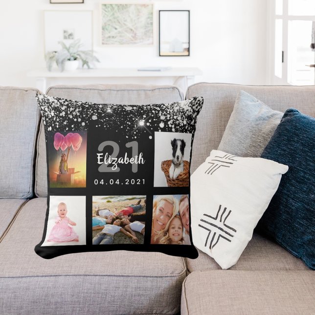Almofada Aniversário do nome da colagem de fotos da luz pre (Criador carregado)