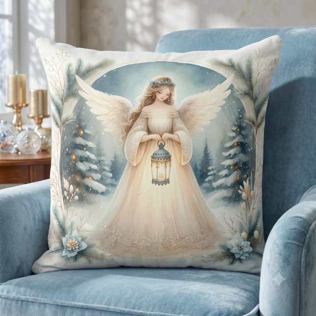 Almofada Anjo Celestial de Inverno Lanterna da Esperança (Celestial Winter Angel Lantern of Hope Throw Pillow)