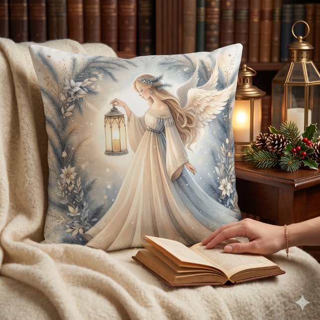 Almofada Anjo Celestial de Inverno Lanterna da Paz (Celestial Winter Angel Lantern of Peace Throw Pillow)