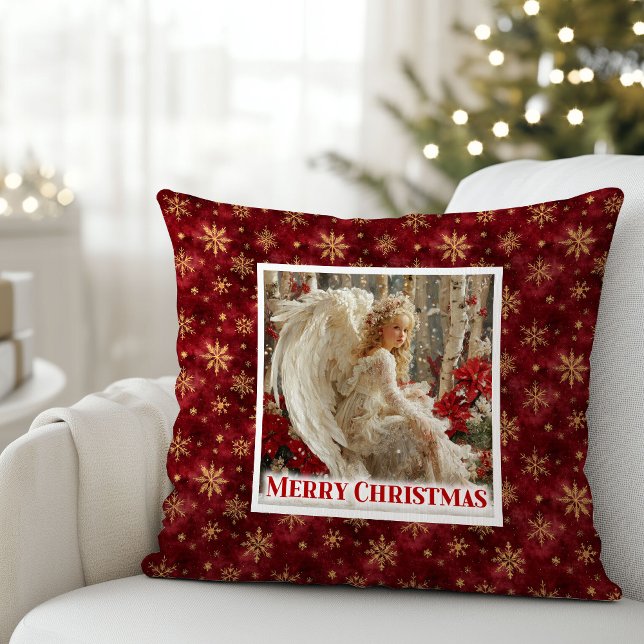 Almofada Anjo Encantador Presente de Natal Aconchegante em  (Enchanting Angel Red Gold Cozy Christmas Gift Pillow)