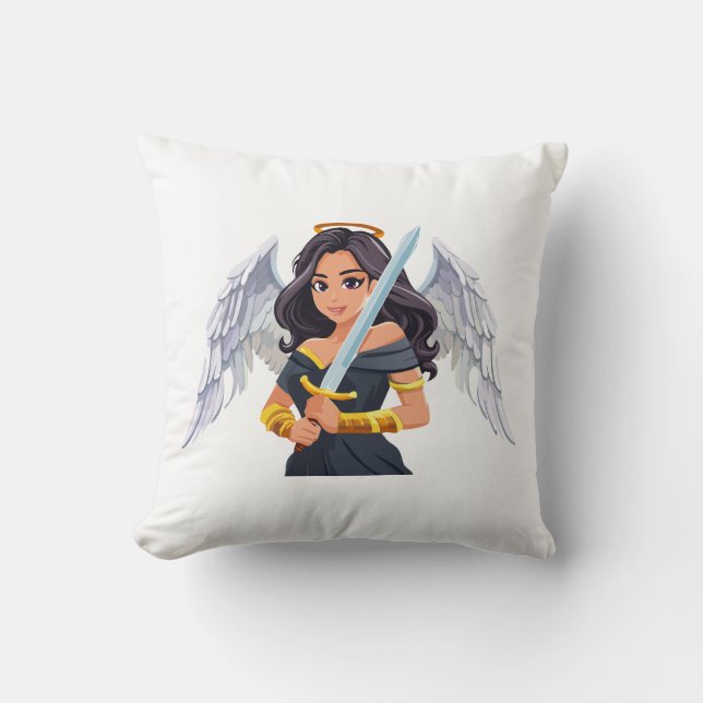 Almofada Anjo feminino fofo com asas abertas e espada (Frente)