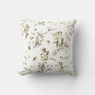 Almofada Anjos Cupido Elegantes Toile Floral Bege Branco