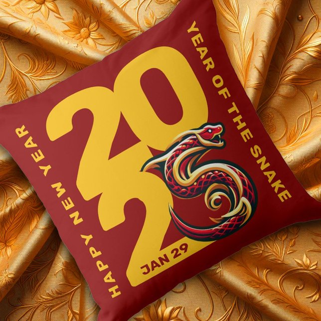 Almofada Ano do Serpente Ouro Vermelho 2025 (CNY 2025 Throw Pillow Golden Fabric Cover Photo)