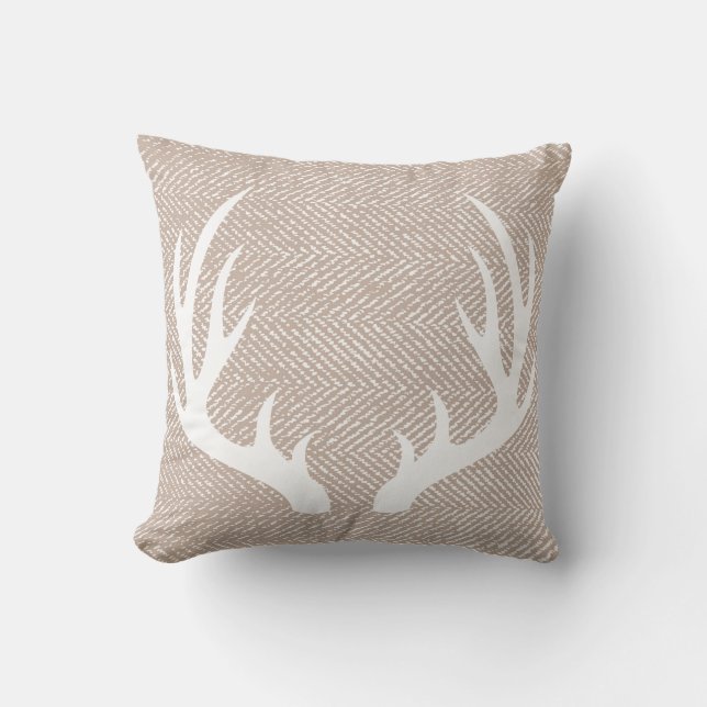 Almofada Antlers brancos dos cervos de Herringbone do Taupe (Frente)