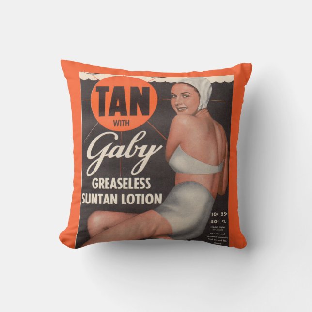 Almofada Anúncio de loção Gaby Suntan de 1950 (Frente)