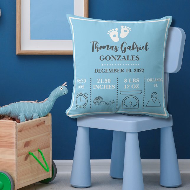 Almofada Anúncio de nascimento do Nascer do Baby Boy Blue F (Powder Blue Baby Stats Baby Announcement Throw Pillow)