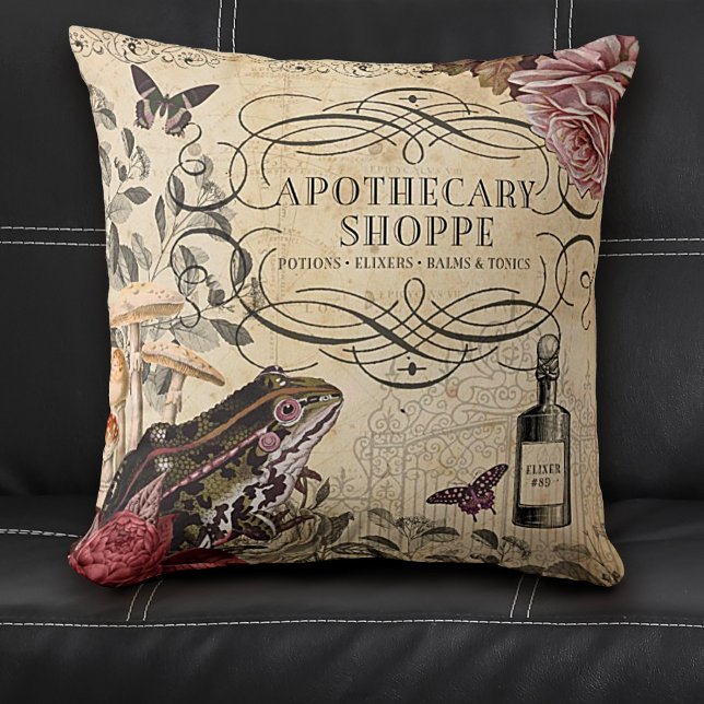 Almofada Apothecary de Colagem de Desenho de Vintagem (Halloween apothecary vintage decoupage pillow.)