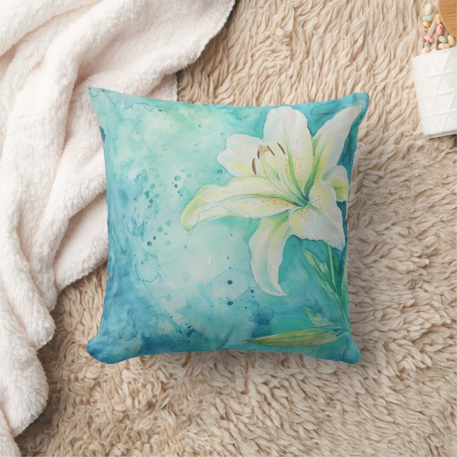 Almofada Aqua Azul Aquarela Branco Lily Floral (Cobertor)