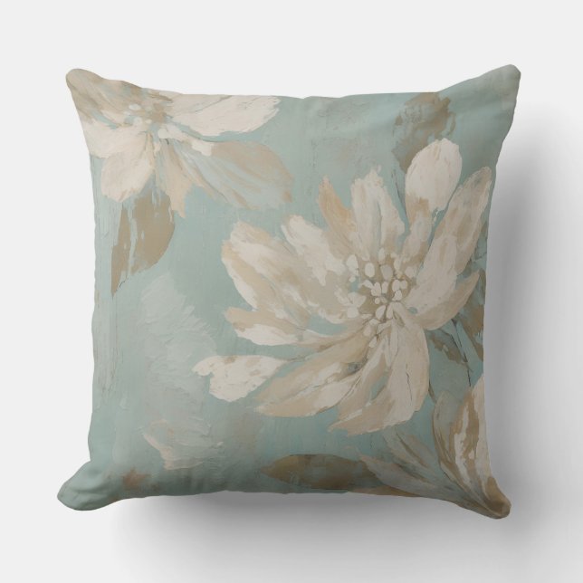 Almofada Aqua Azul Bege Creme Floral Abstrato (Frente)