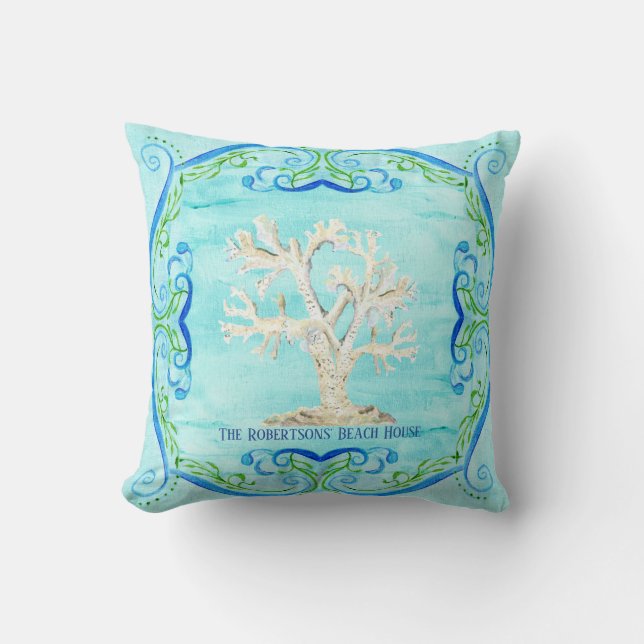Almofada Aqua Blue Beach House Home Decor Coral Scrollwork (Frente)