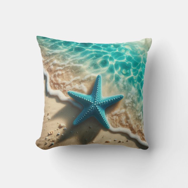 Almofada Aqua Blue Starfish Seashell Tropical Beach Ocean (Frente)