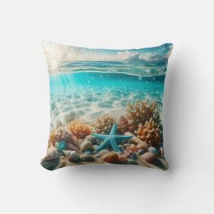 Almofada Aqua Blue Starfish Seashell Tropical Beachy