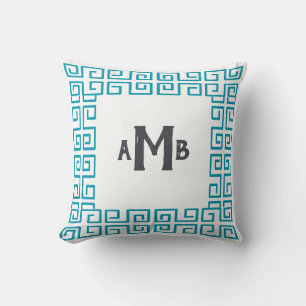 Almofada Aqua Chinoiserie Wide Greece Key Border Monograma