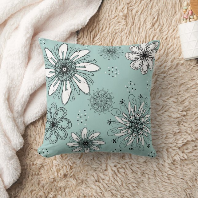 Almofada Aqua Daisy Floral Caneta e Impressão de Tinta (Cobertor)