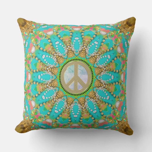 Almofada Aqua Dourada Groovy Glam Peace Mandala (Frente)