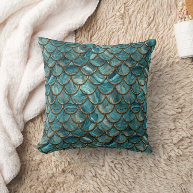 Almofada Aqua Pearlescent & Gold Mermaid Scale Pattern  (Cobertor)