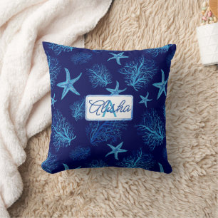 Almofada Aqua-teal blue starfish-coral-personalizado monogr