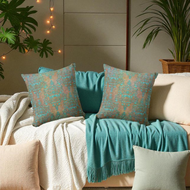 Almofada Aqua Teal sobre Brown Vintage Damask Design (Criador carregado)