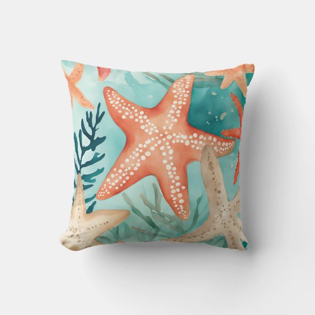 Almofada Aqua Teal Starfish Beachy Seashell Patterno (Frente)