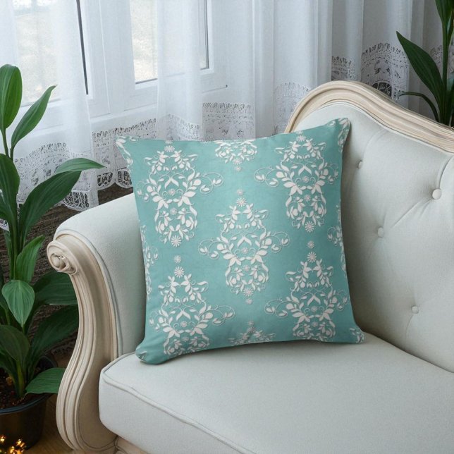 Almofada Aqua Turquesa e Floral Damask Branco (Criador carregado)