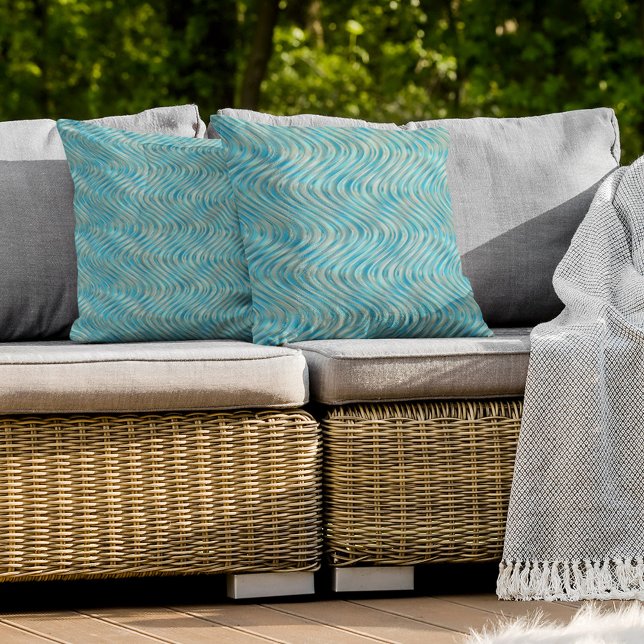 Almofada Aqua Turquoise Teal Blue Taupe Linhas Curvas Arte (Criador carregado)