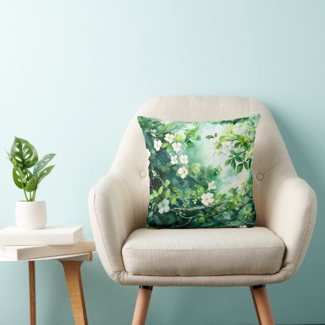 Almofada Aquarela Botânica Flores Brancas Folhas Verdes (Cadeira)