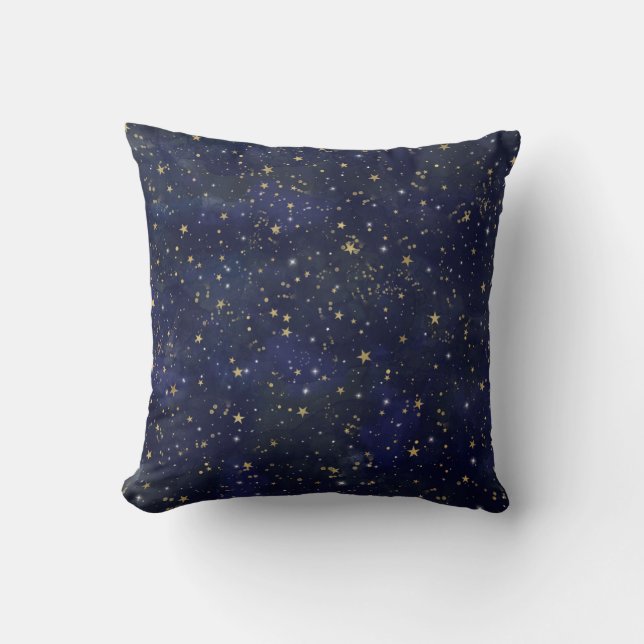 Almofada Aquarela Caprichosa de Estrelas Celestiais em Azul (Frente)