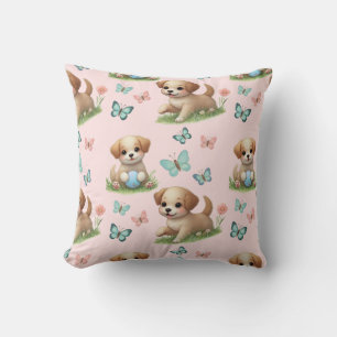 Almofada Aquarela de Cachorrinhos Rosa e Borboletas