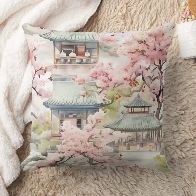 Almofada Aquarela de Pagoda Asiática em meio às flores de c (Cobertor)