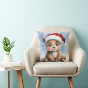 Almofada Aquarela do Ursozinho do Papai Noel no Inverno Fof