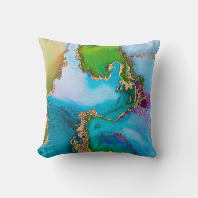 Almofada Aquarela Dourada Turquesa Colorida (Frente)