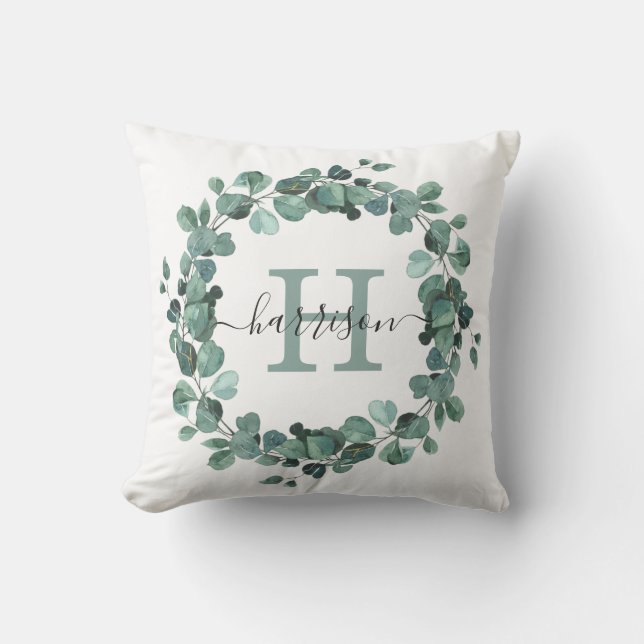 Almofada Aquarela Eucalyptus Wreath Greenery Monograma (Frente)