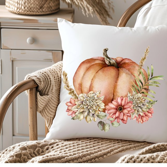 Almofada Aquarela Floral de Outono Abóbora (Criador carregado)