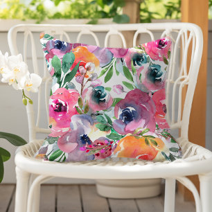 Almofada Aquarela Floral de Verão Índigo Vermelho Rosa Lara