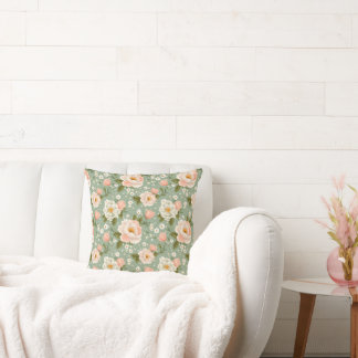 Almofada Aquarela Floral em Tons de Pêssego e Verde