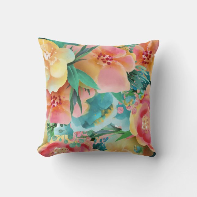Almofada Aquarela Floral Rosa Amarelo Verde Água Primavera (Frente)