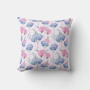 Almofada Aquarela Flores Azuis e Rosas de Hortênsias Padrão